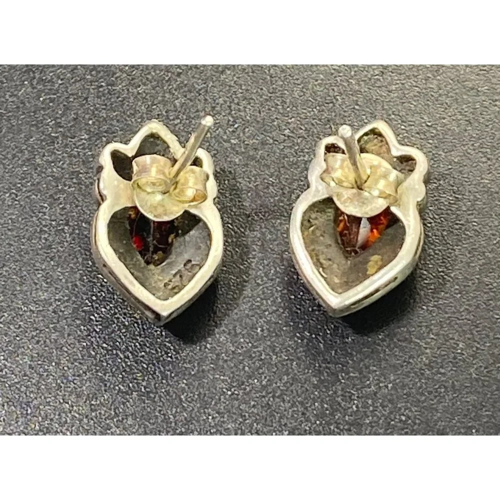 Vintage 925 Marcasite & Garnet Earrings Teardrop Cab Stud Pierced - Picture 4 of 7
